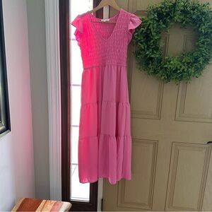 August Sky Pink Smocked Bodice Ruffle Sleeve Midi Dress - Size Small (worn once)